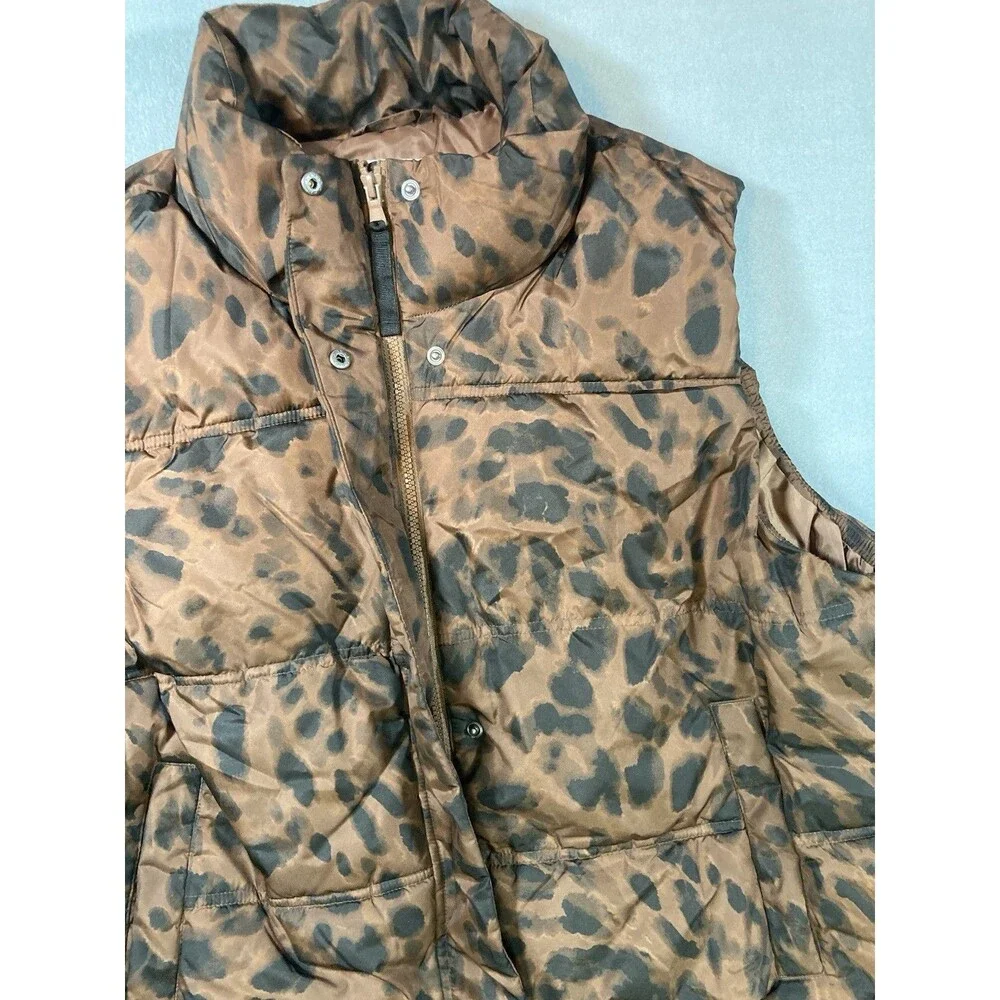Old Navy Women’s Large Brown Black Animal Print Puffer Vest Sleeveless Pockets - Picture 5 of 7